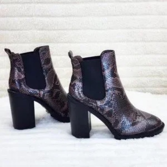 So Me  Brown Snake Print 4.25" Stacked Block Heel Slip On Ankle Boots - Picture 2 of 12